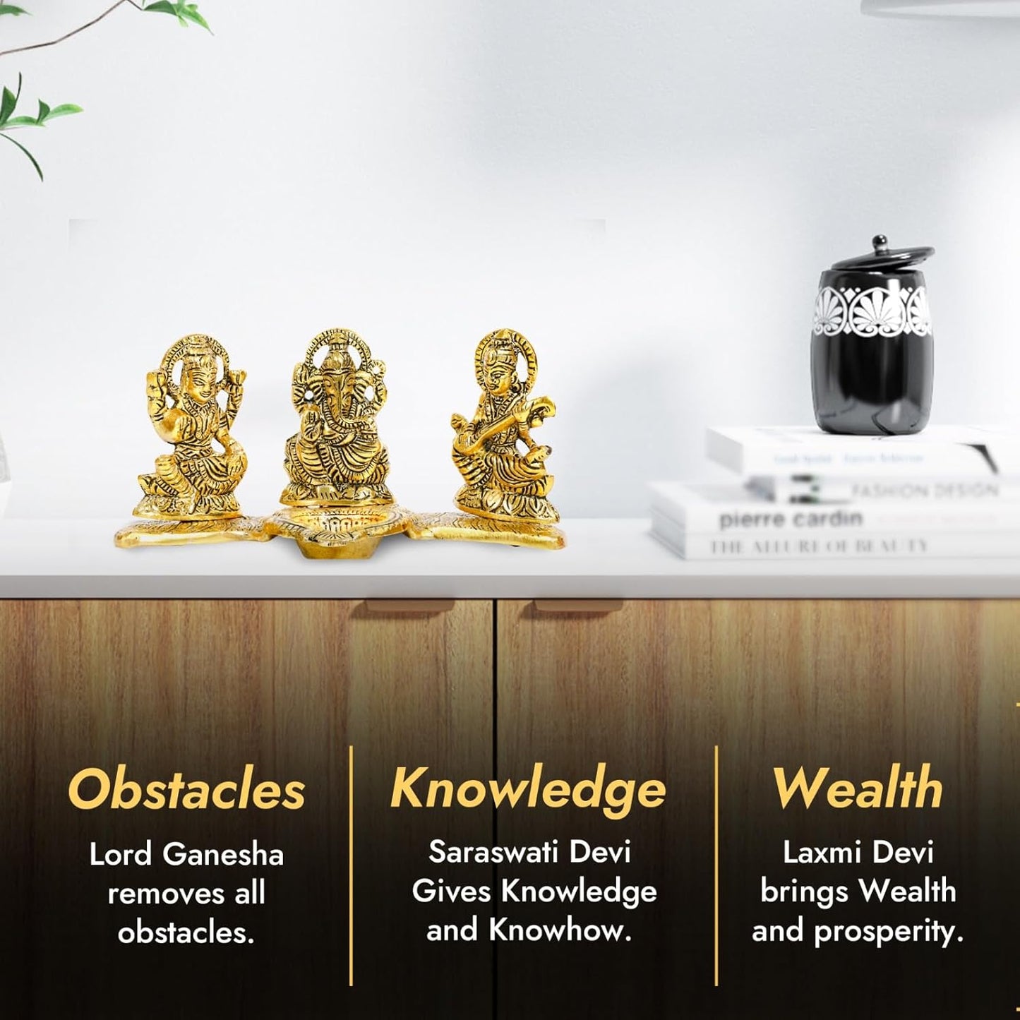 Design Gold Plated Lakshmi Ganesh Saraswati Idol with Deepak Showpiece