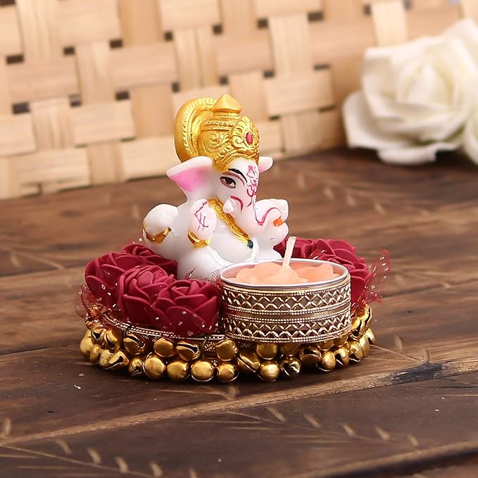 Lord Ganesha Idol on Decorative Plate with Tea Light Holder