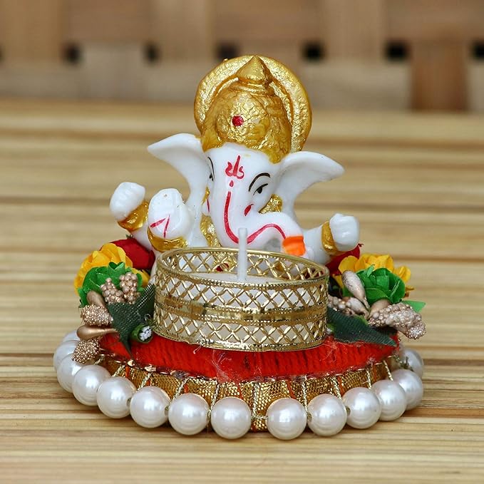 Lord Ganesha Idol on Decorative Plate with Tea Light Holder