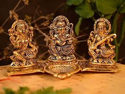 Design Gold Plated Lakshmi Ganesh Saraswati Idol with Deepak Showpiece