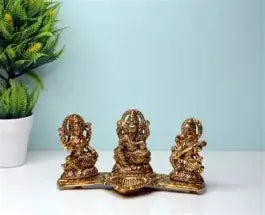 Design Gold Plated Lakshmi Ganesh Saraswati Idol with Deepak Showpiece