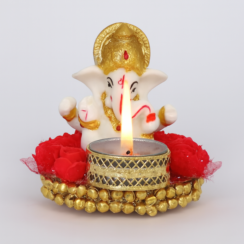 Lord Ganesha Idol on Decorative Plate with Tea Light Holder