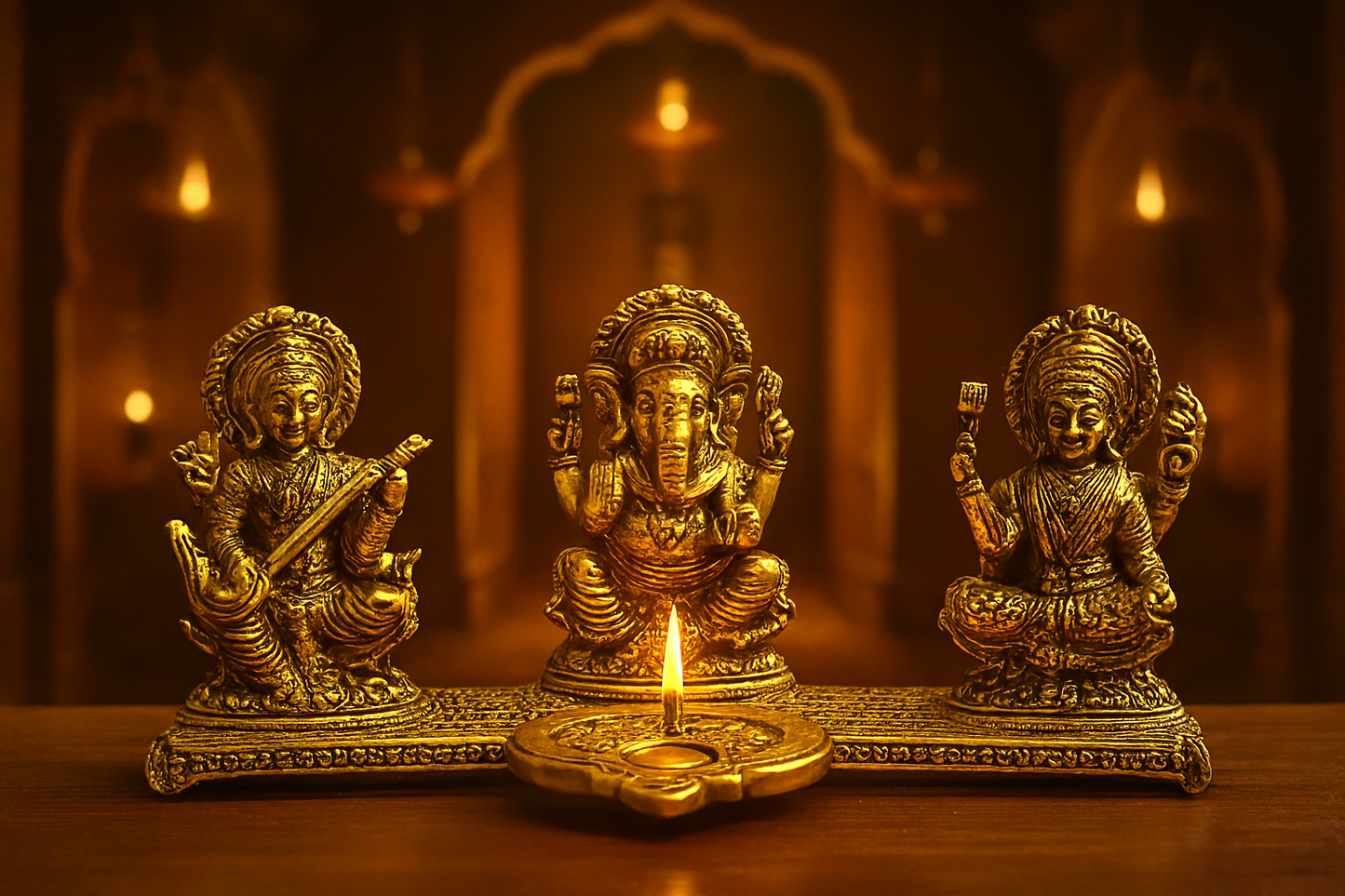 Design Gold Plated Lakshmi Ganesh Saraswati Idol with Deepak Showpiece
