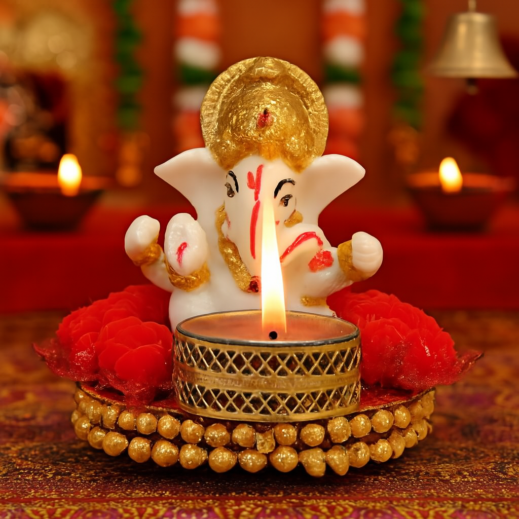 Lord Ganesha Idol on Decorative Plate with Tea Light Holder