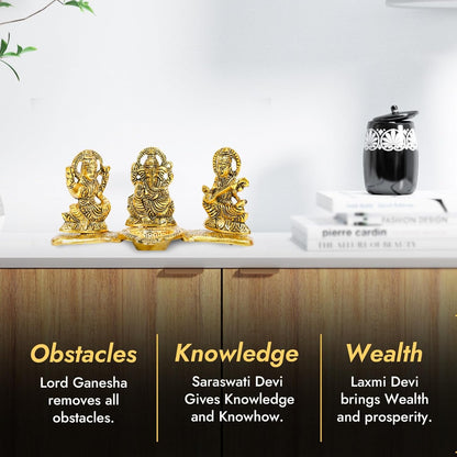 Design Gold Plated Lakshmi Ganesh Saraswati Idol with Deepak Showpiece