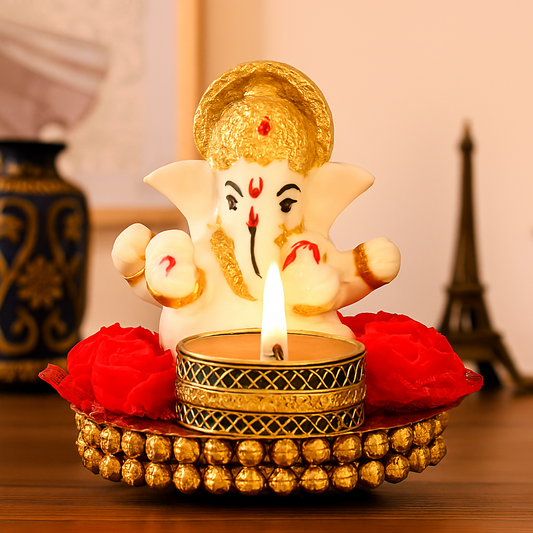 Lord Ganesha Idol on Decorative Plate with Tea Light Holder