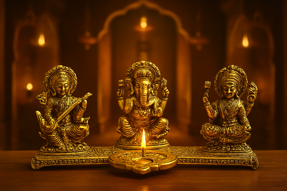 Design Gold Plated Lakshmi Ganesh Saraswati Idol with Deepak Showpiece