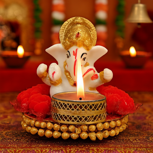 Lord Ganesha Idol on Decorative Plate with Tea Light Holder