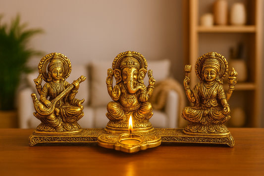 Design Gold Plated Lakshmi Ganesh Saraswati Idol with Deepak Showpiece