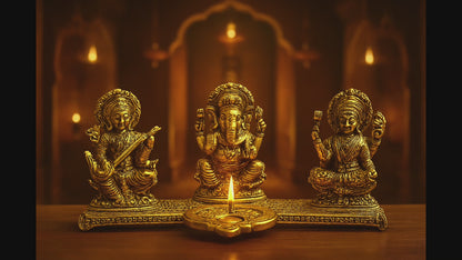 Design Gold Plated Lakshmi Ganesh Saraswati Idol with Deepak Showpiece