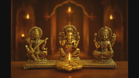 Design Gold Plated Lakshmi Ganesh Saraswati Idol with Deepak Showpiece